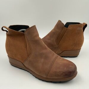 Sorel Women's Brown Leather Suede Wedge Ankle Boots Slip On Size 7